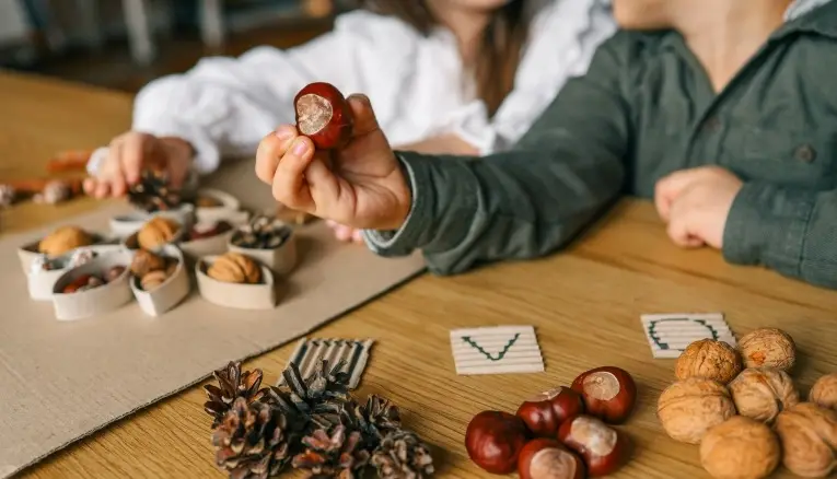 Alumnado realizando una actividad educativa con materiales naturales en el aula
